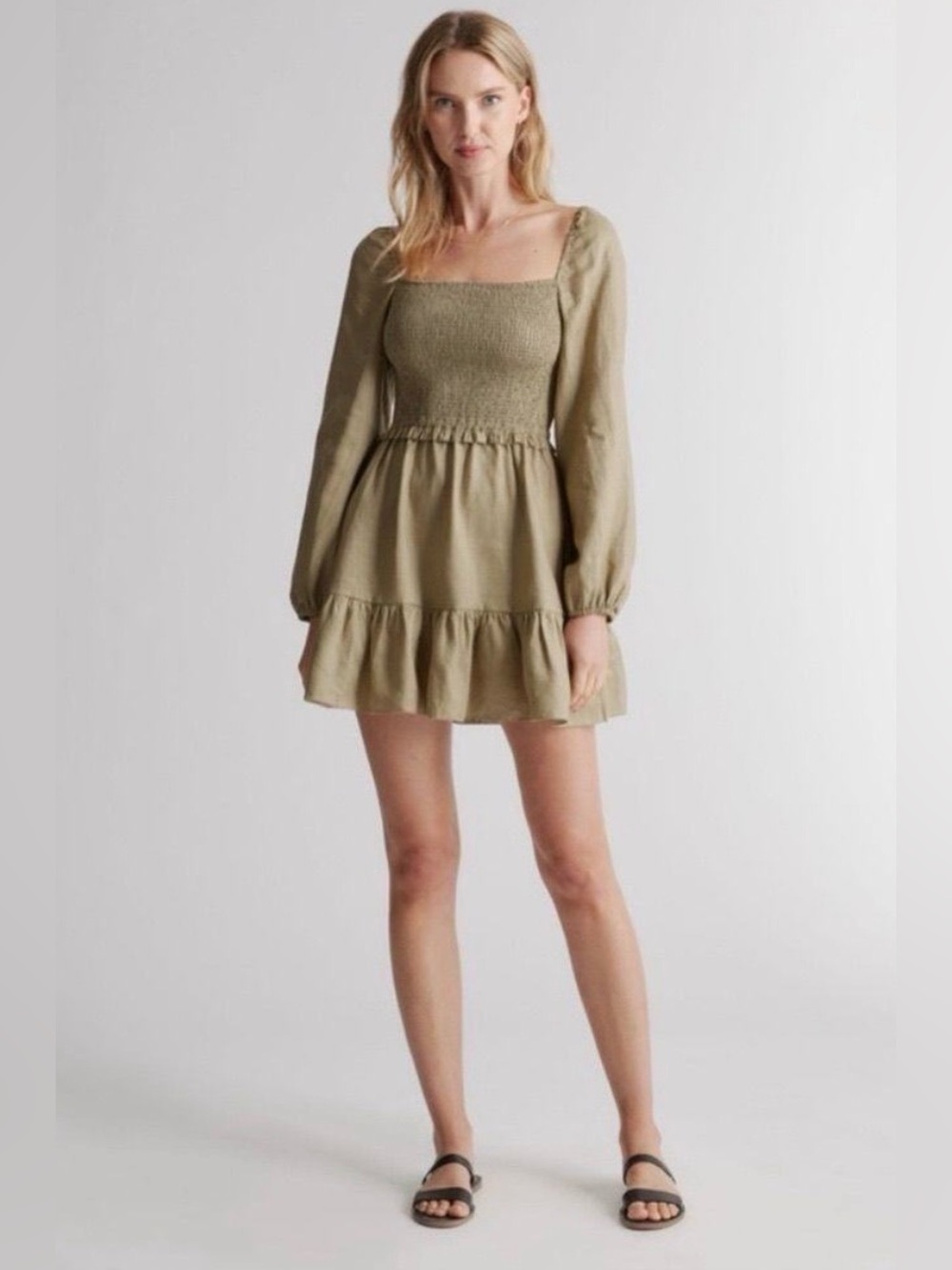 Quince European Linen Smocked Mini in OLIVE